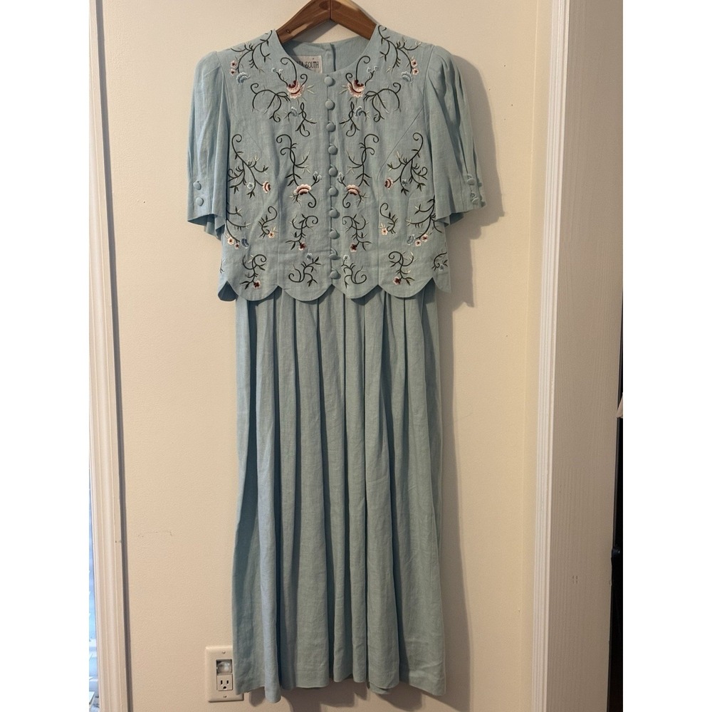 Vintage Plaza South Floral light Blue Dress 55% linen 12 Cottagecore Spring